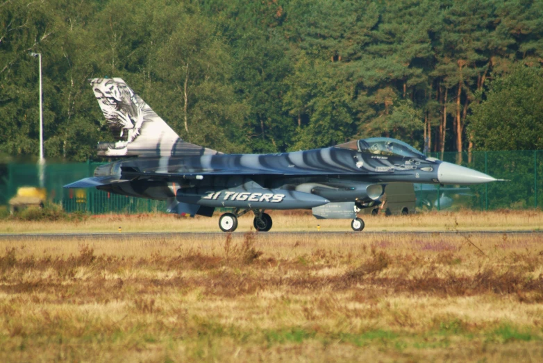 a fighter jet landing on a runway surrounded by trees