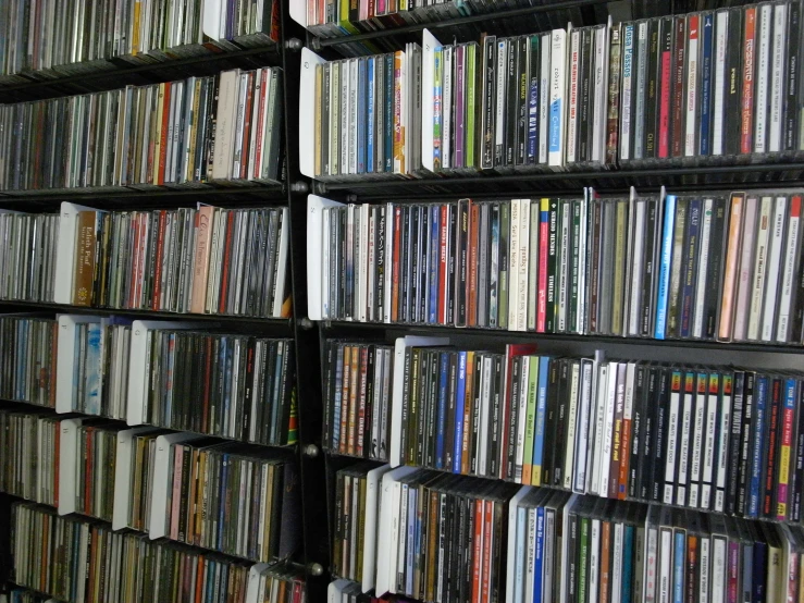 the rows of shelves have a lot of dvds on them
