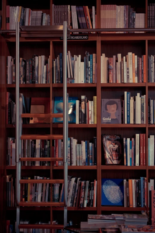 the shelves inside a large wooden book case