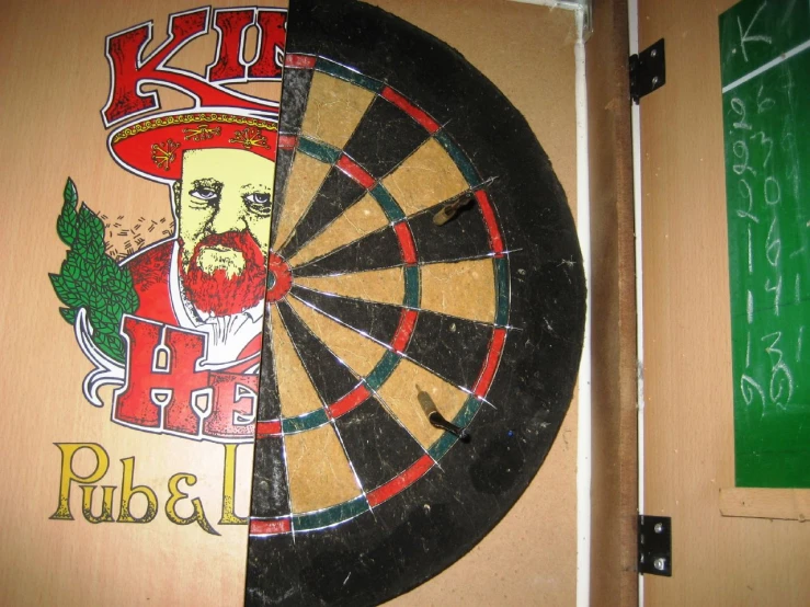 dart, bulls sign and chalk drawing on wooden wall