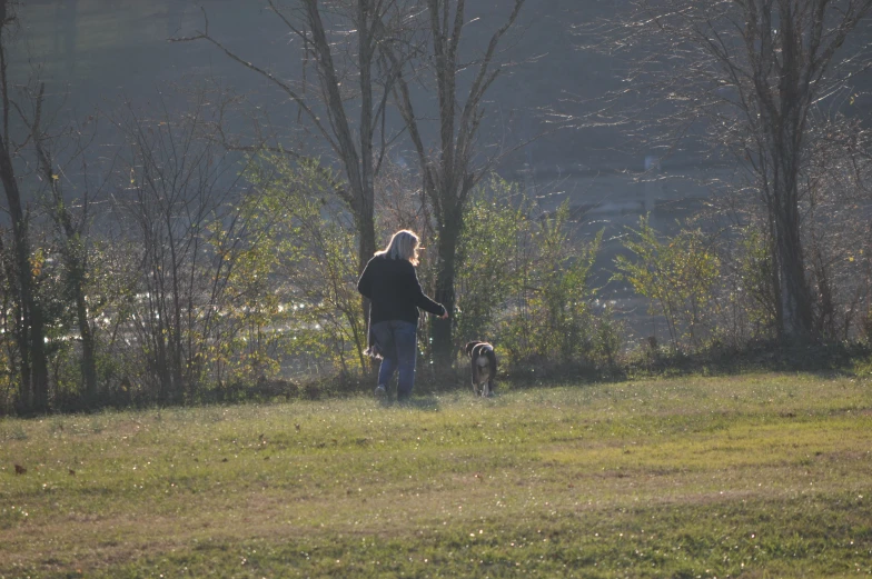 a woman is walking her dog across the field