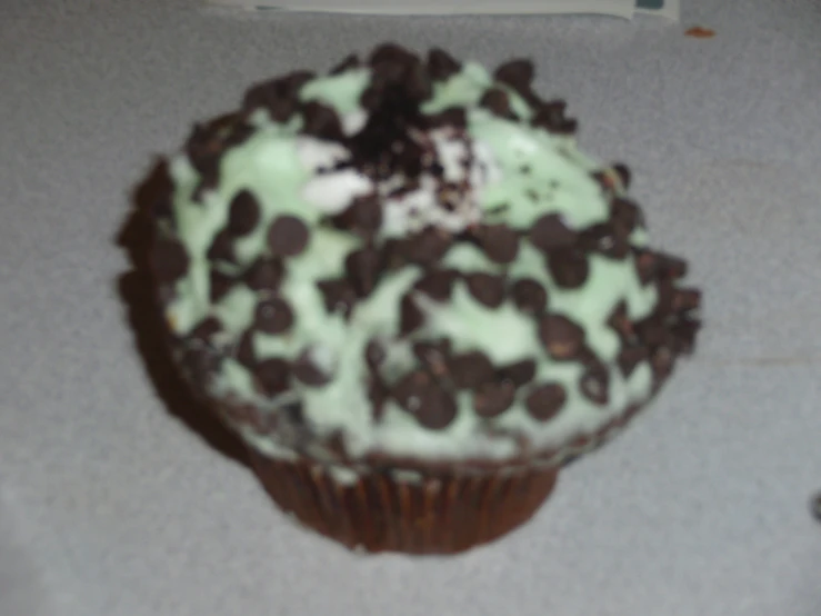 a cupcake topped with chocolate chips and frosting