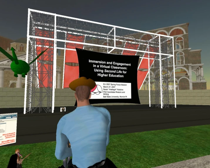 the person looks at an animation of a man sitting in front of a soccer goal