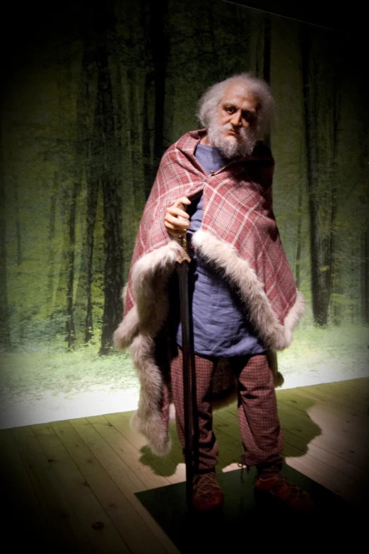 a man with white hair and long white beard standing holding a cane