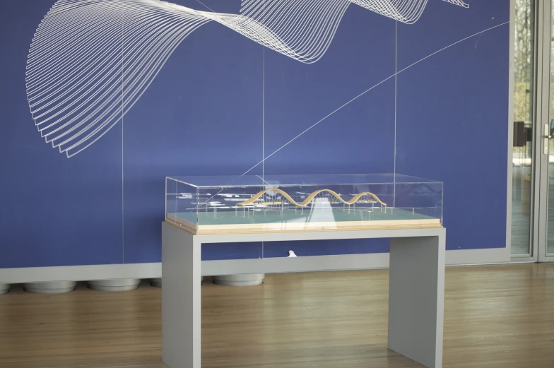 a wooden table topped with a display case on top of a hard wood floor