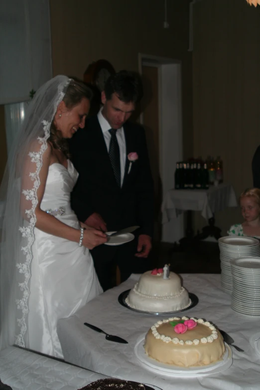 a bride and groom prepare to cut a cake at their reception