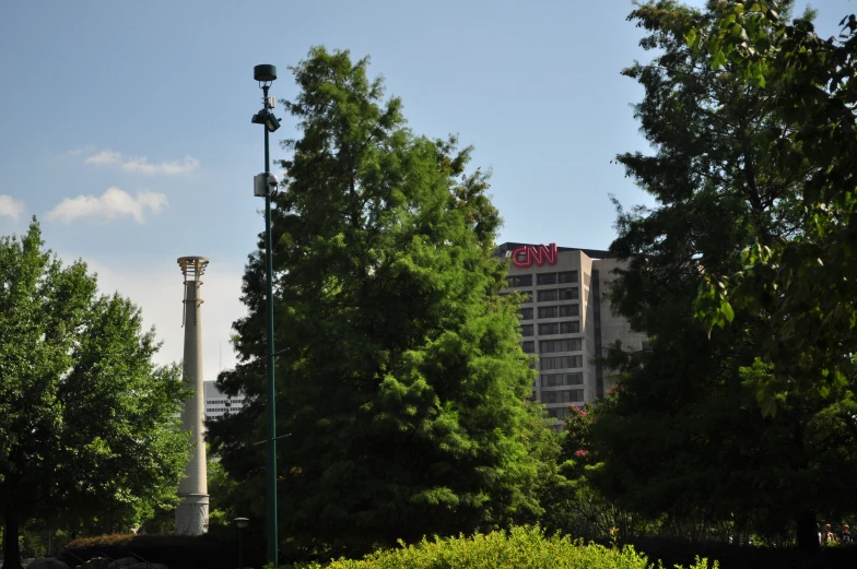 trees and bushes surrounding the area near a large el