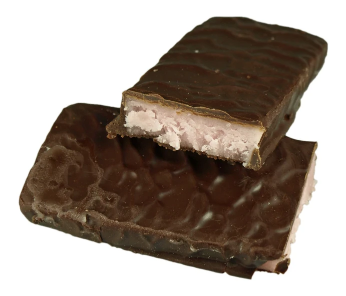 an ice cream chocolate bar is cut open