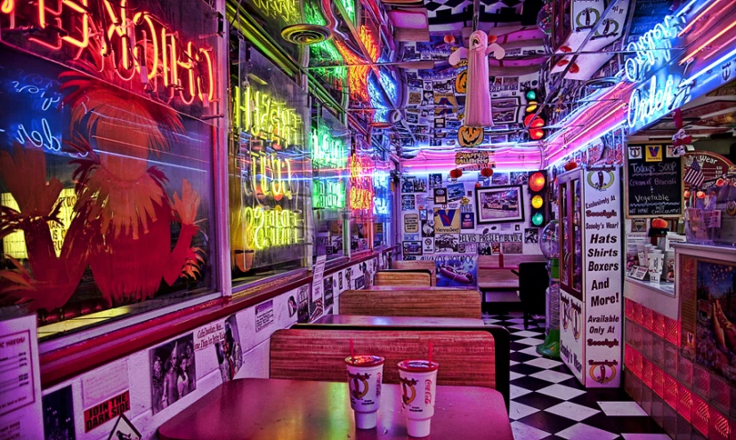 several different tables are in a restaurant that has neon lights on it