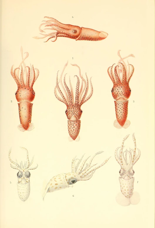 the illustrations on this antique print show animals as fish, lobsters and squides