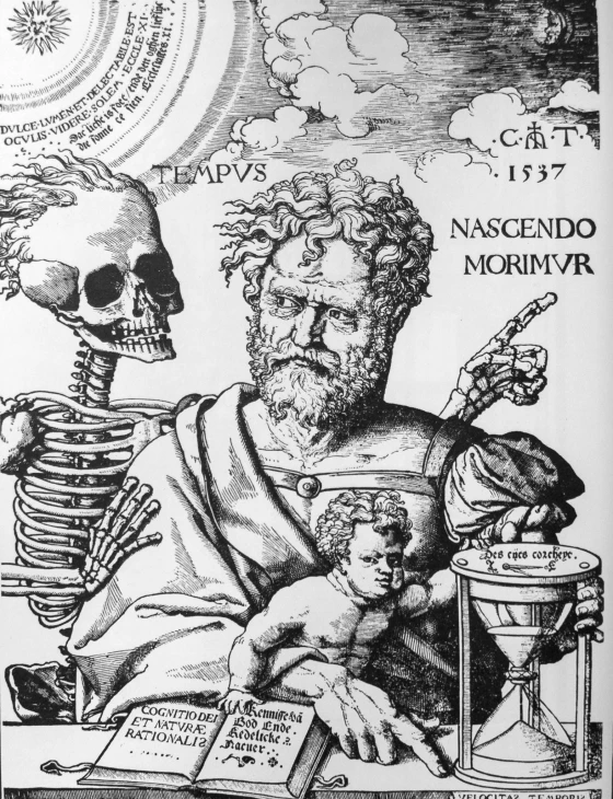 a man holding a baby and skeleton, with the caption of las nasenddo mormvr on it