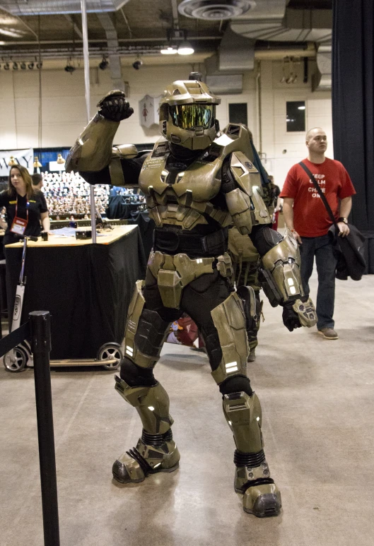 a person dressed up as a soldier in a shopping mall