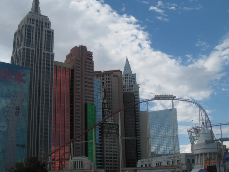 there are tall buildings in the city and a ferris wheel