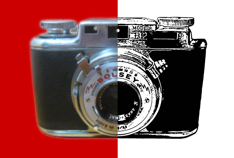 black and white pograph of camera with the colors of the flag
