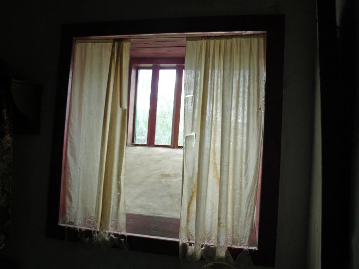 the window has a curtain pulled back by a curtain