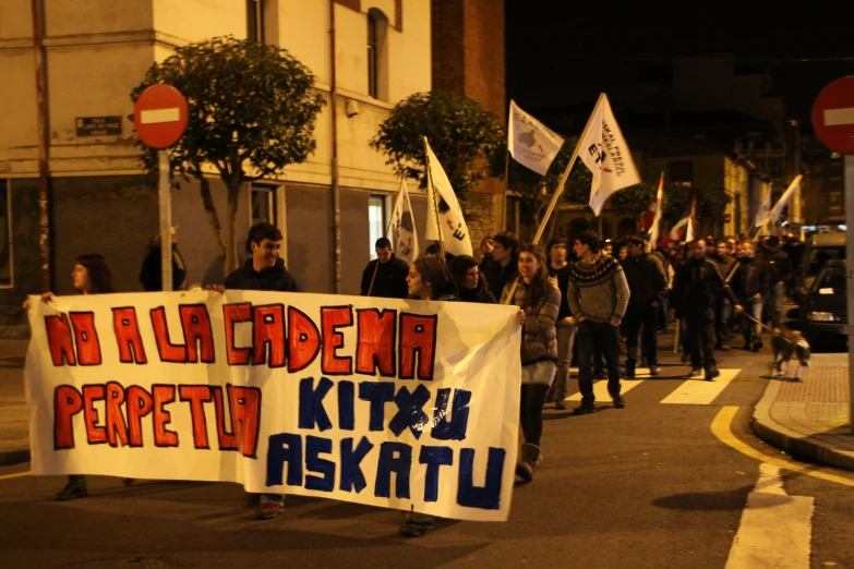 a group of people protesting with flags and banners