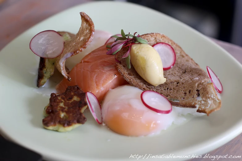 a plate of food with eggs and fish