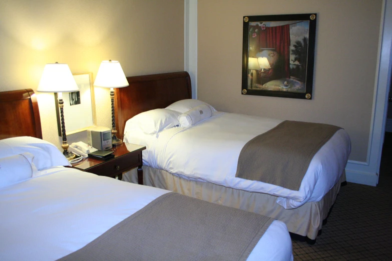 two lamps on either side of a double beds headboard