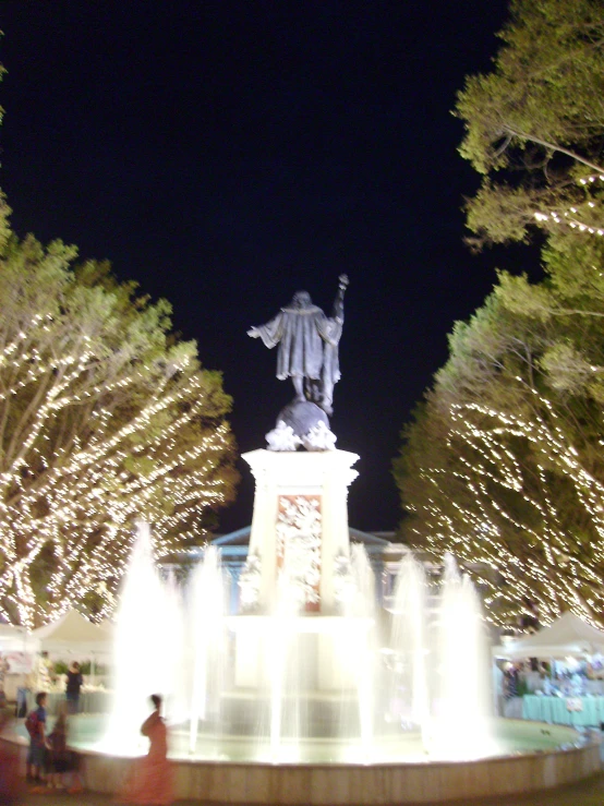 people stand in front of lighted trees surrounding a monument