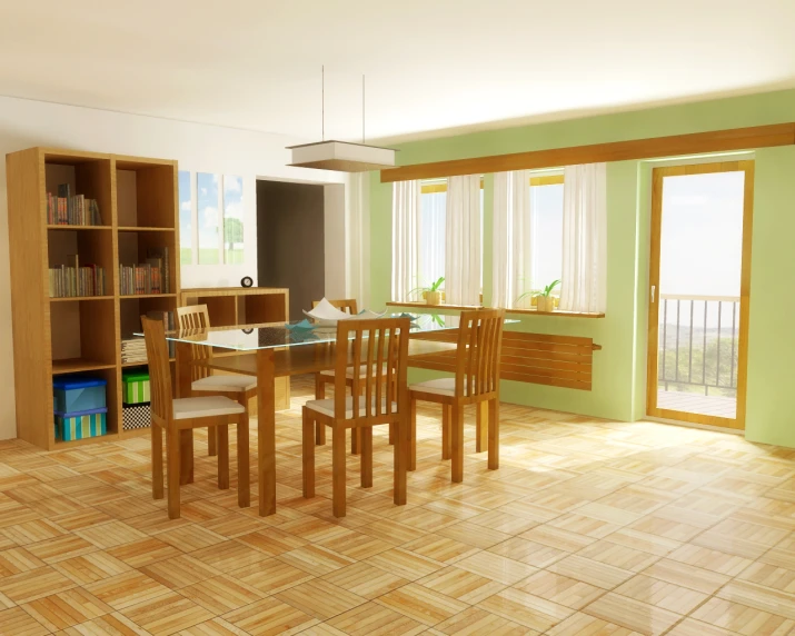 empty wood dining table and chairs in an apartment