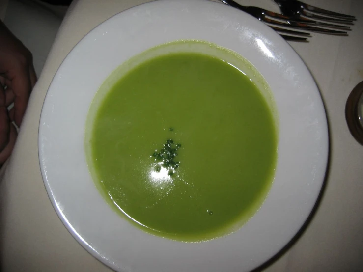 a white plate with a green liquid and silverware