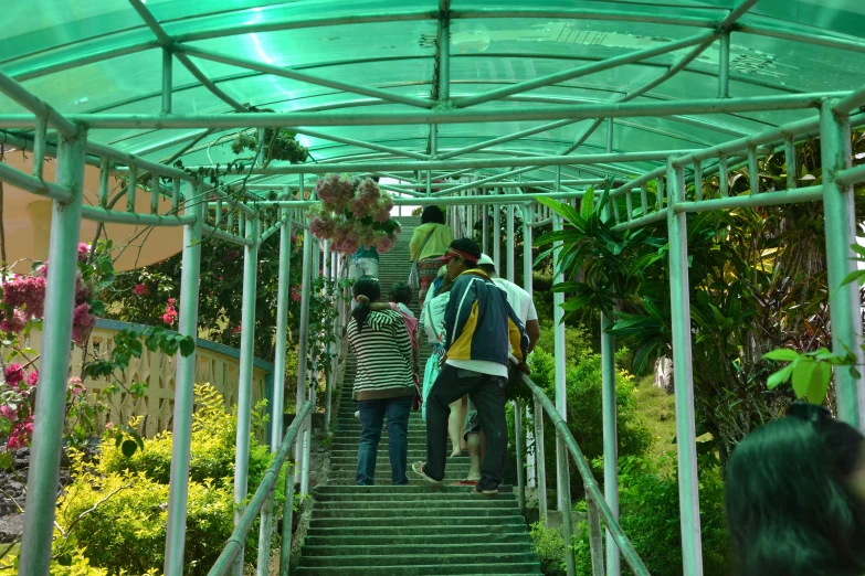 people on the stairs in an enclosed garden area