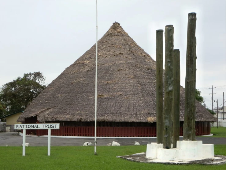 a thatched roofed hut on a grassy field