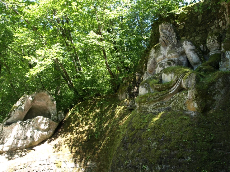 there is a large rock formation next to the trees