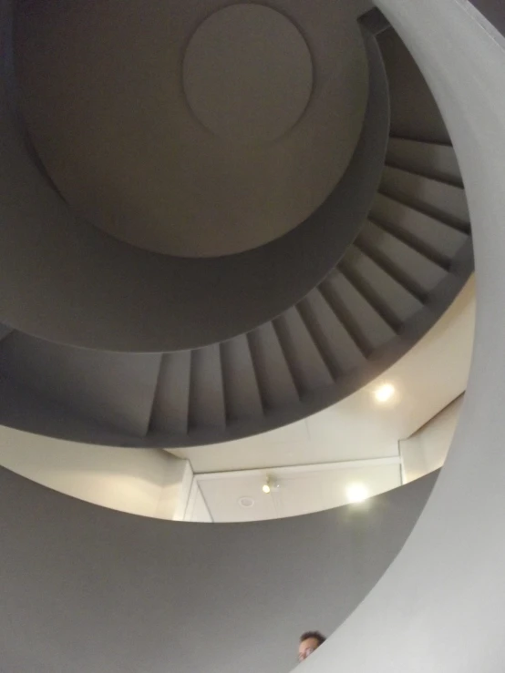 man walking up and down a spirally staircase