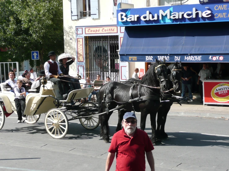 two horses pulling a carriage that has people riding on top