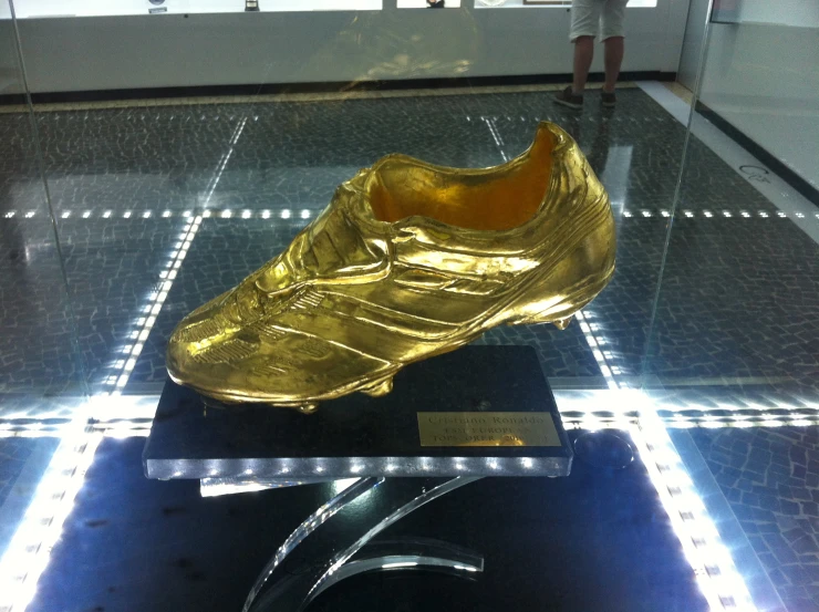 an elaborate pair of shoes are displayed in the glass case