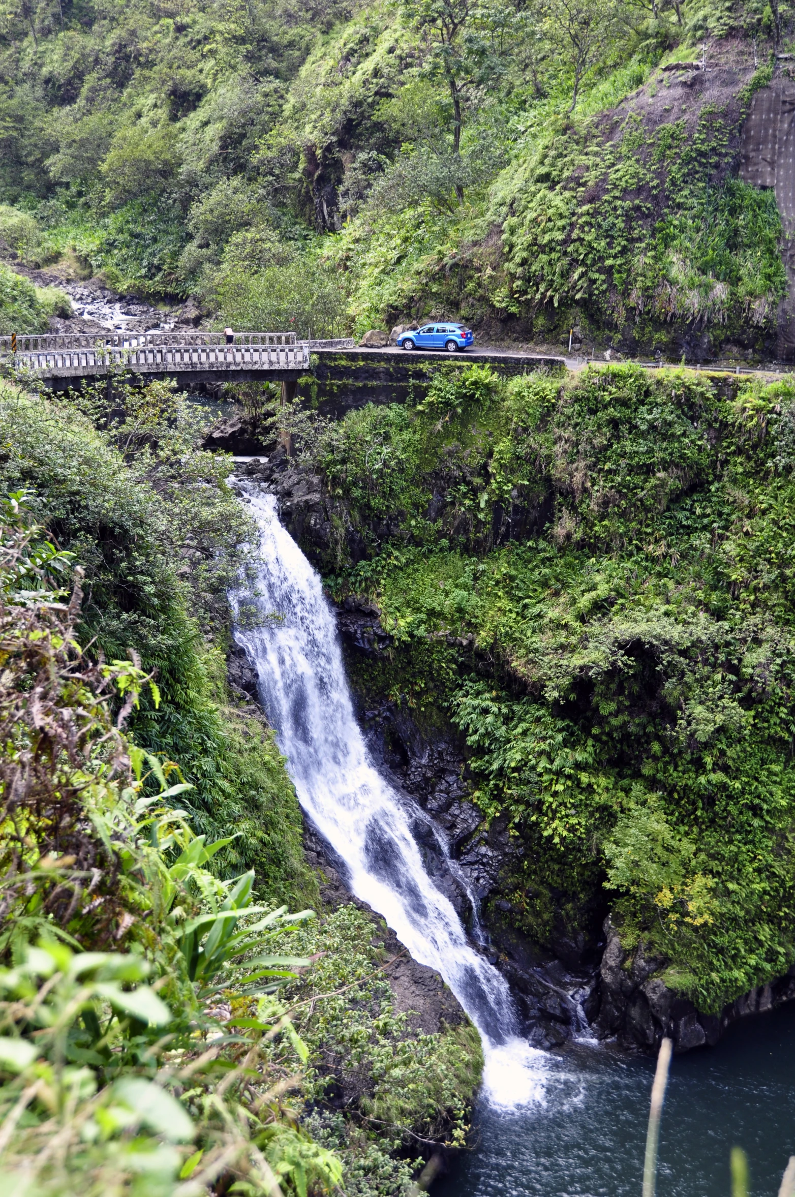 a small blue train traveling over a bridge