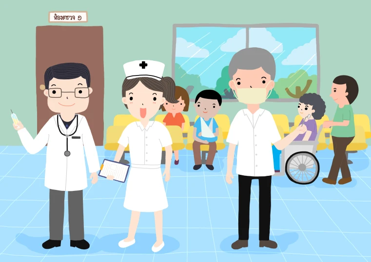 cartoon nurse and other medical personnel in the hospital