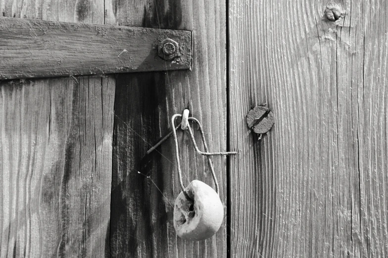 a telephone on the side of a wood door with a broken handle