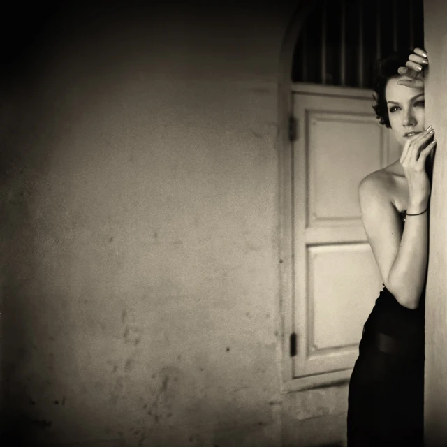 a black and white po of a woman in a black dress leaning up against a wall