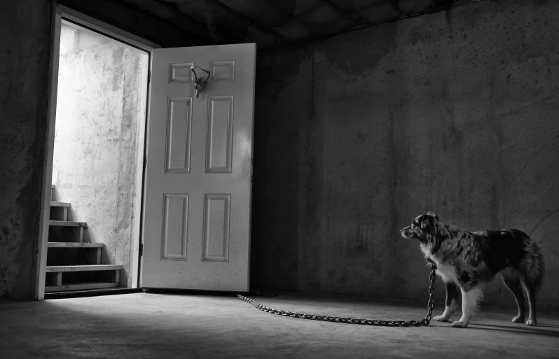 a dog standing in front of an open door and chain around it