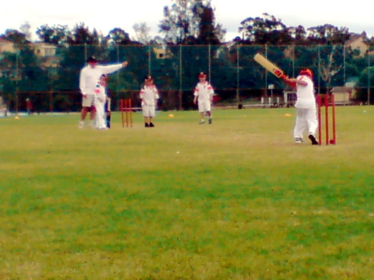 the people are playing cricket in the field