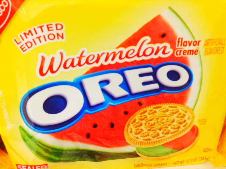 a watermelon oreo bag with a bite taken out of it