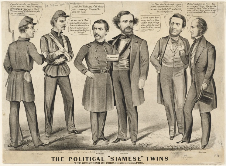 an old political newspaper clipping from the 1800's showing five men in formal clothes