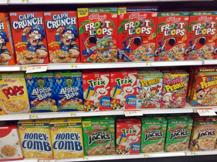 various cereals and cereals displayed in a grocery store