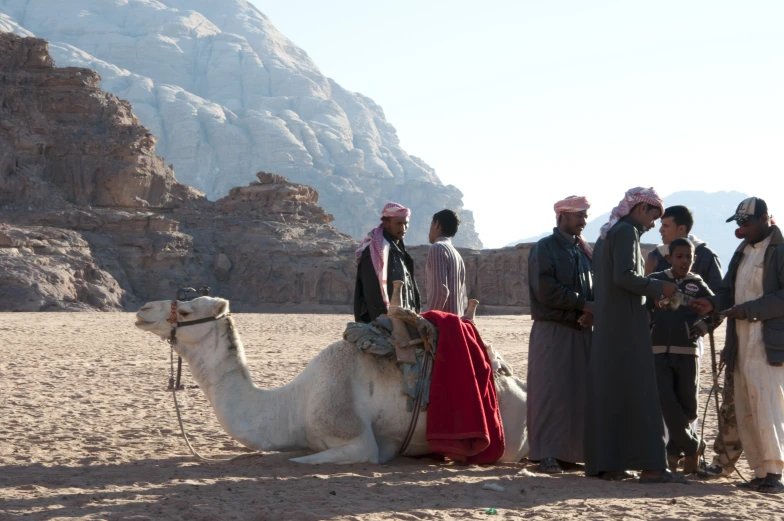 men and women stand near a camel in the desert