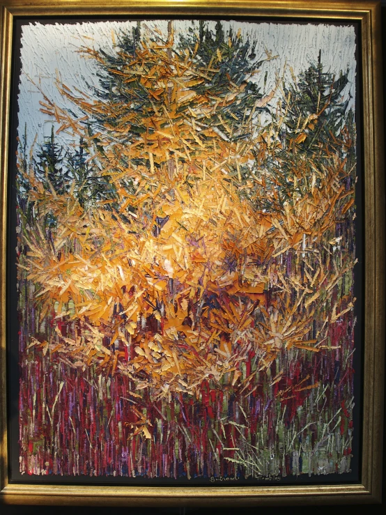 painting on canvas with wooden frame featuring trees