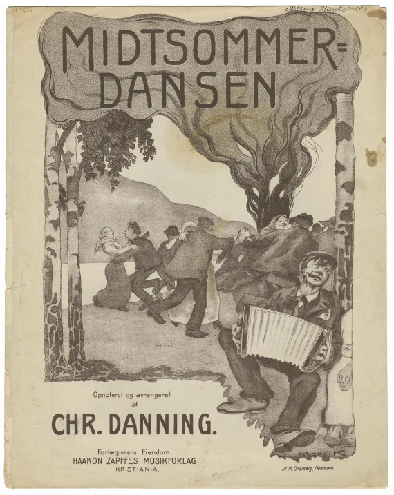 an old paper cover with illustrations of children on the left and right sides of it