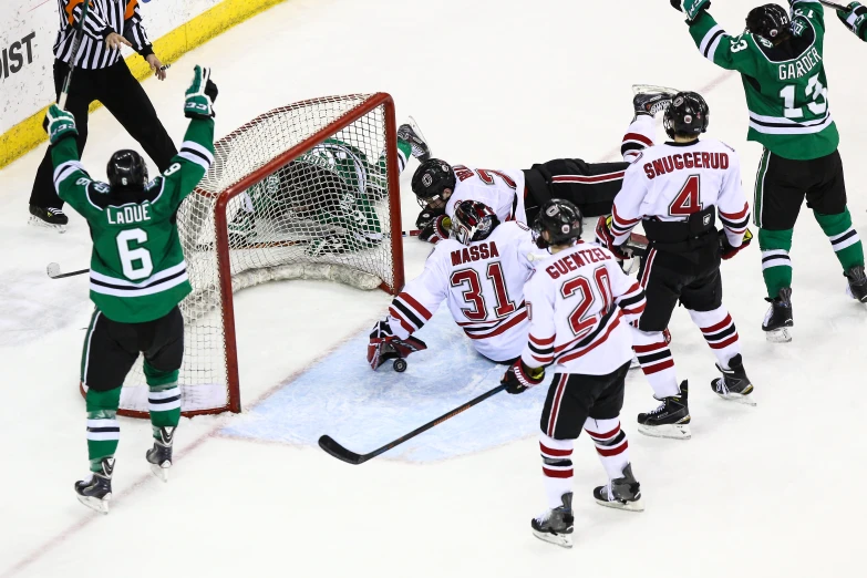 the hockey players are in their uniforms celeting the goal