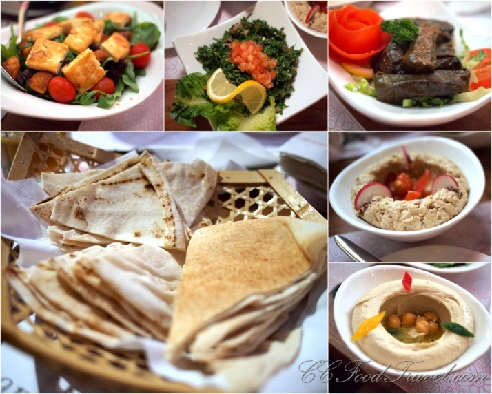 some delicious plates of food including pita bread and vegetables