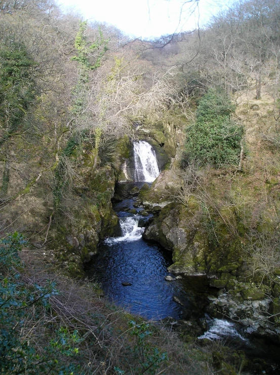 a view of a small waterfall near some trees