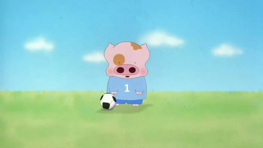 a pig with a soccer ball standing in a field