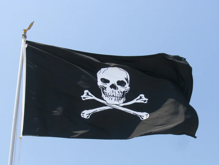a flag with skull and crossbones on it flies high in the sky