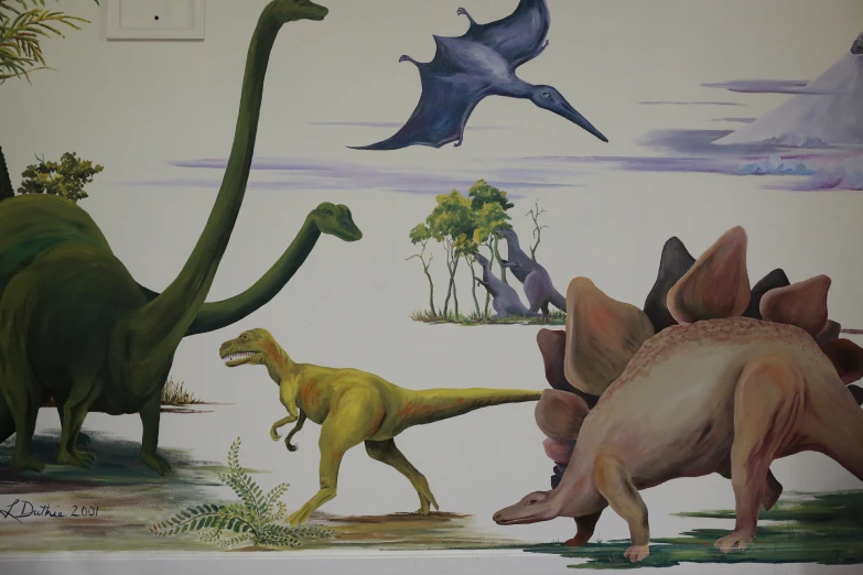 a picture of dinosaurs in different places on a wall