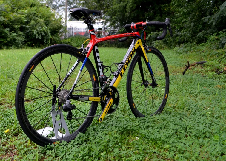 there is a red and yellow bike that is parked in the grass